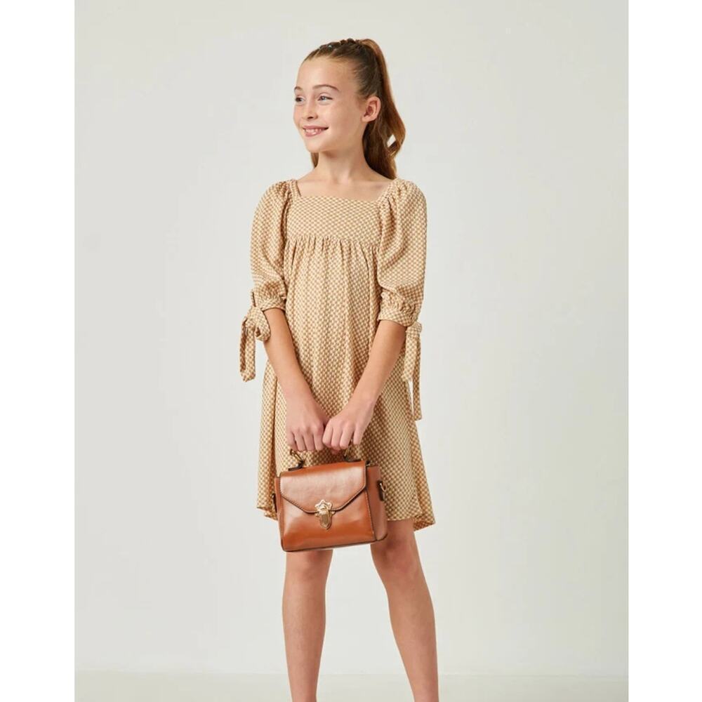 Hayden Girls Gingham puffed sleeve babydoll peasant dress beige plaid Size XL
